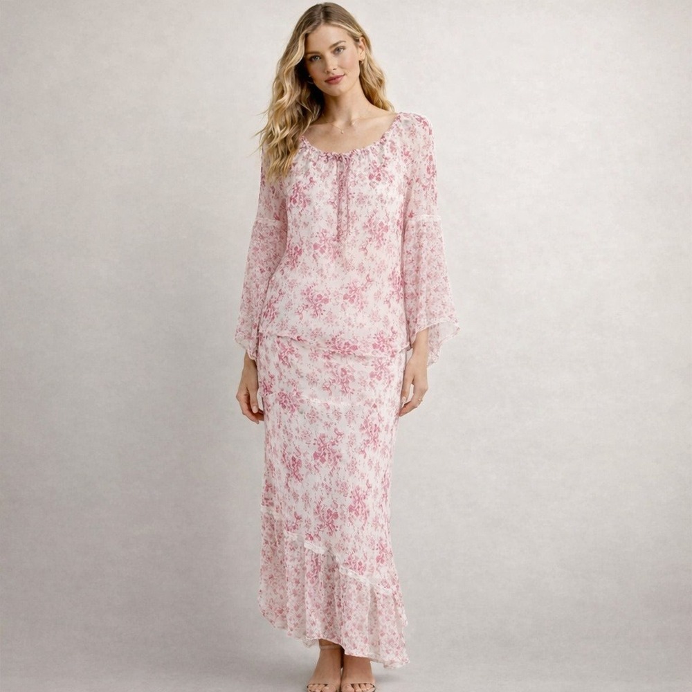 Vintage Robbie Bee Pink Floral Silk Chiffon 2 Piece Maxi Skirt and Blouse Set